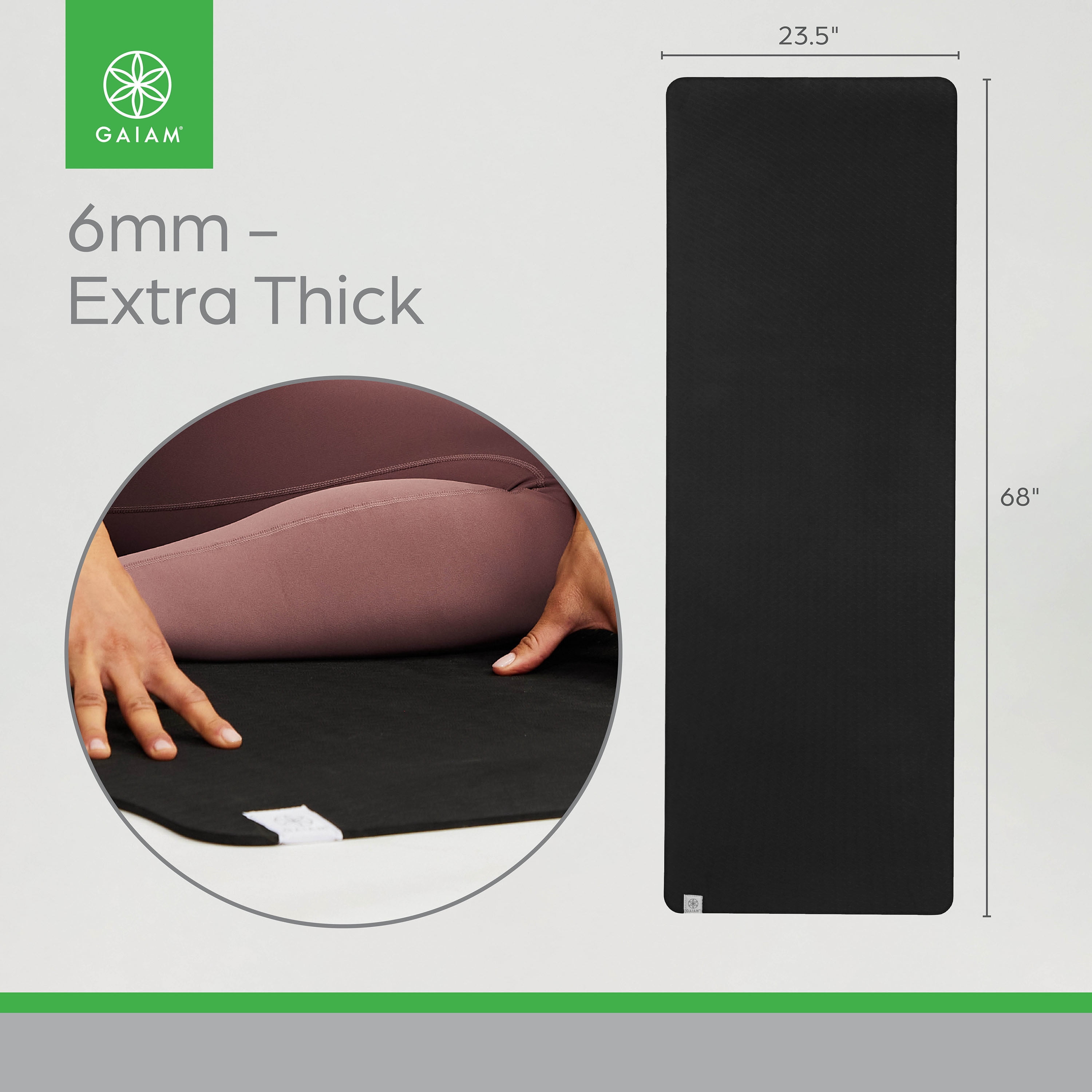Gaiam Performance Yoga Mat, Made of Durable TPE, 23.5" x 68" x 6MM Thick, Black