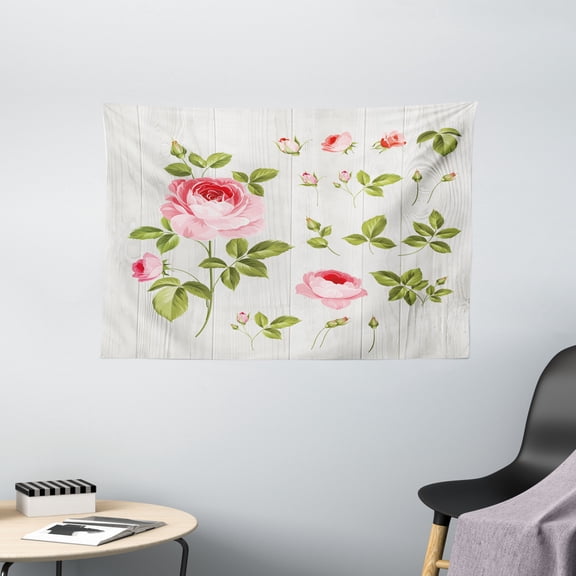 Floral Tapestry, Vintage Rose Petals over Wooden Board Background Wedding Romance Artsy Design, Wall Hanging for Bedroom Living Room Dorm Decor, 60W X 40L Inches, Baby Pink Khaki, by Ambesonne