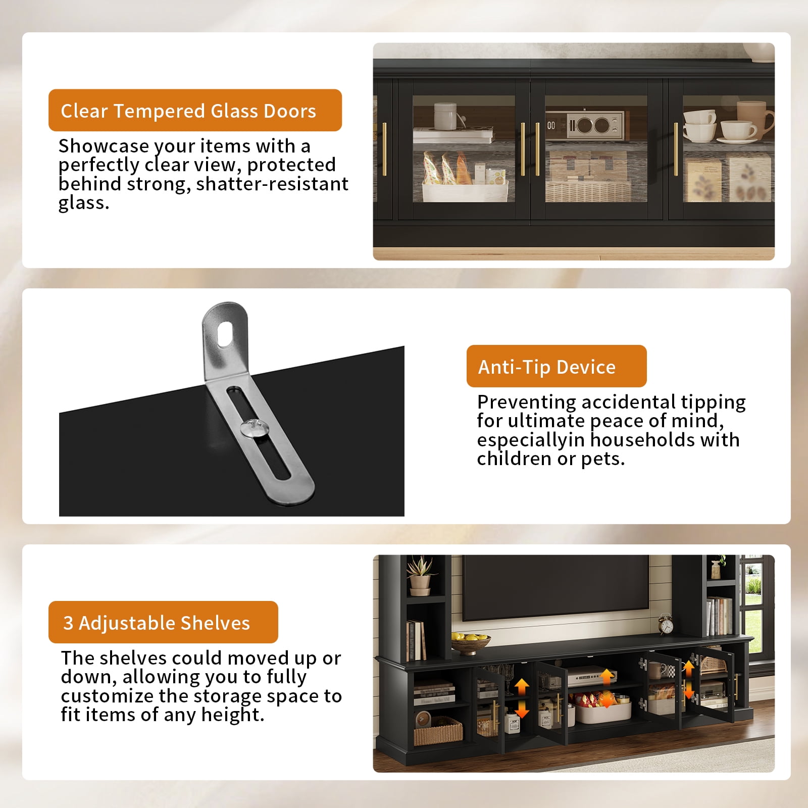 Euroco Entertainment Center Wall Unit for TVs up to 80", All-in-One Modern TV Stand with Bookshelves & Tempered Glass Doors, TV Console Unit with Shelving for Living Room, Entertainment