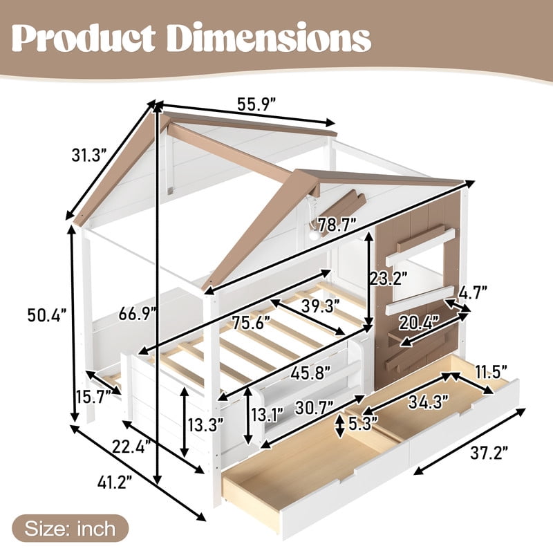 Twin House-Shaped Kid's Bed with Built-in Bookshelf & Light Bulb, Wooden Platform Bed Frame with 2 Drawers & 5 Round Hooks