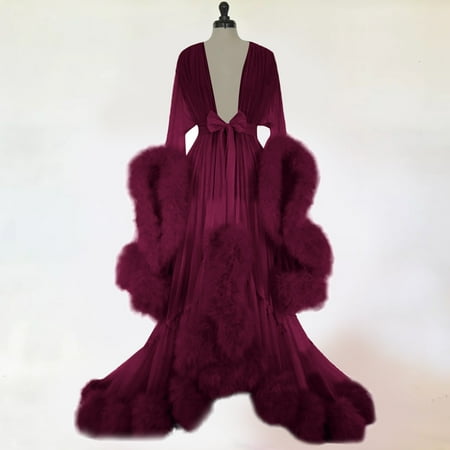 Ounabing Women Fashion Sexy Tulle Robe Long Lingerie Nightgown Bathrobe Sleepwear Feather Bridal Robe Lace Lingerie