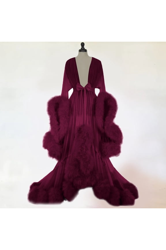Women Fashion Sexy Tulle Robe Long Lingerie Nightgown Bathrobe Sleepwear Feather Bridal Robe Lace Lingerie