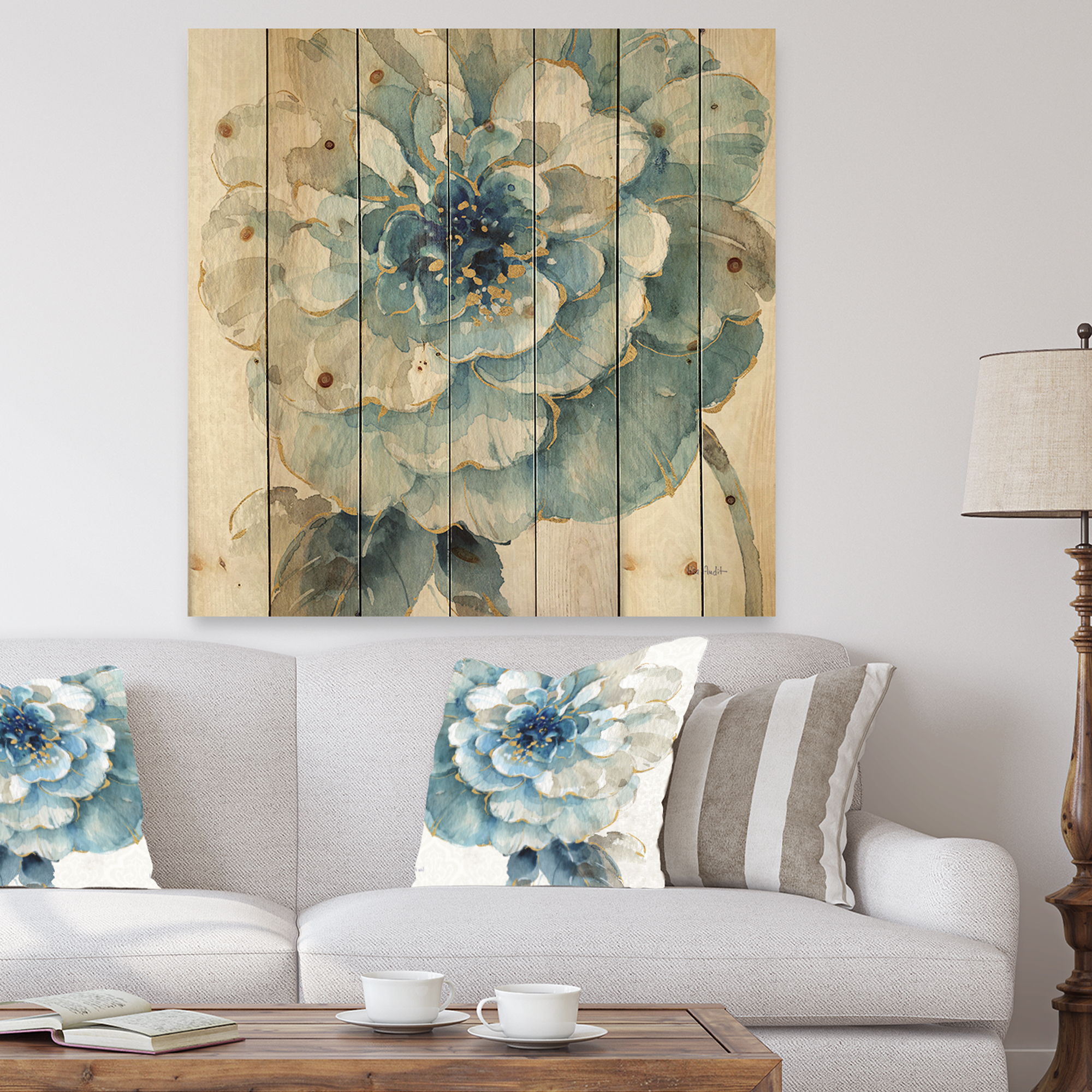 Designart 'Indigold Gold Country FLower' Cottage Country Print on Natural Pine Wood