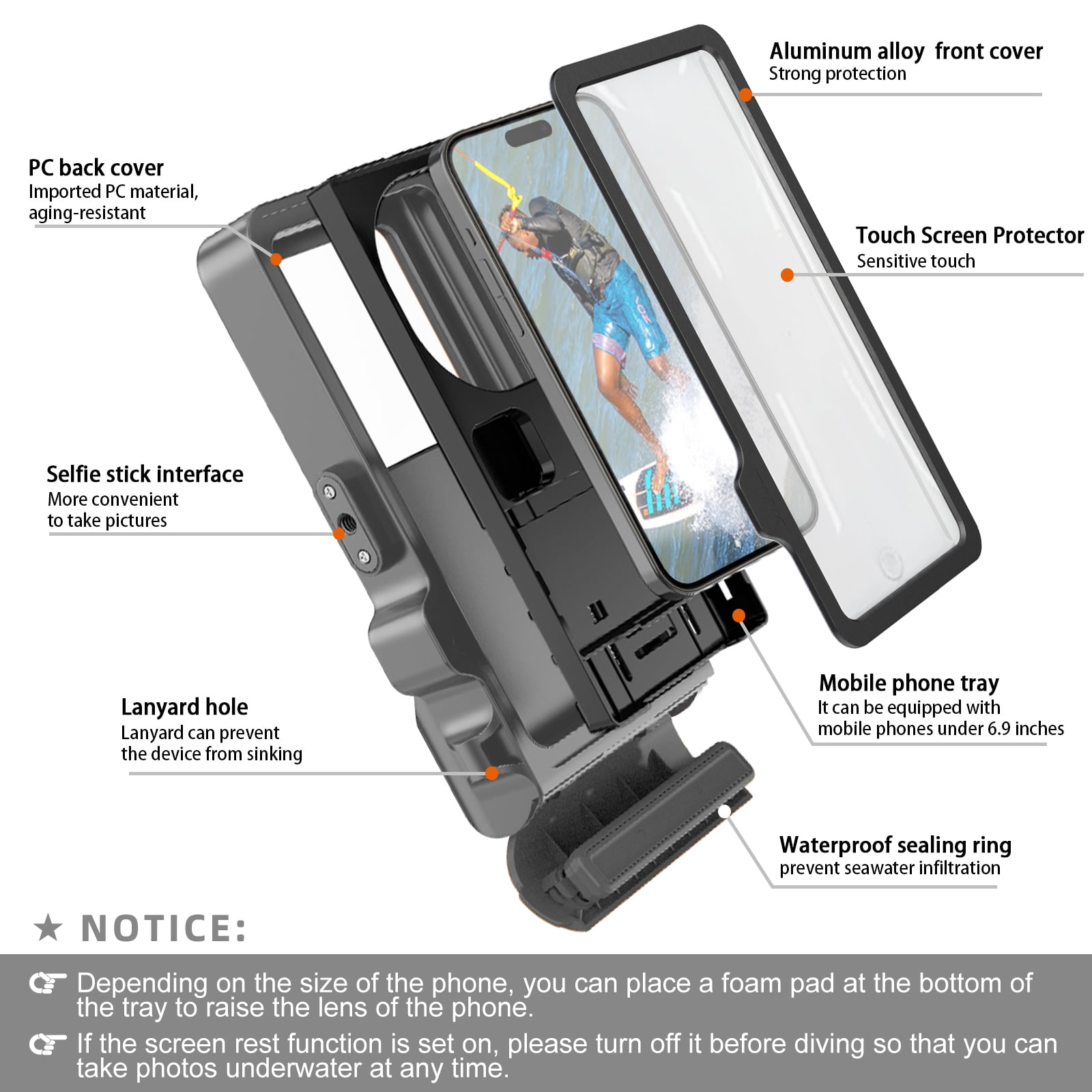 Universal Waterproof Diving Case Outdoor Snorkeling Swimming Surfing Phone Housing for iPhone Samsung LG Motorola Google Touch Screen Underwater Take Photo Video Under 6.9 inch(Gray)