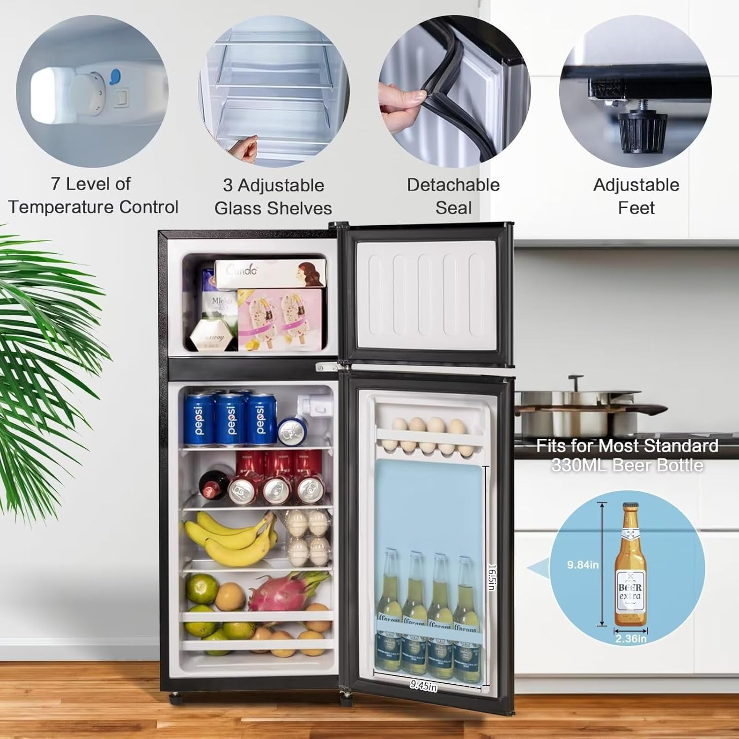 GGTB 3.5 Cu.ft 2-Door Mini Fridge with Freezer, Compact Refrigerator for Apartment Dorm Office Garage, Black