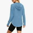 thumbnail image 3 of Miluxas Women's V Neck Hoodies Solid Color Knitted Jacquard Long Sleeve Sweatshirt Drawstring Pullover Tops with Pocket Light Blue S(S), 3 of 6