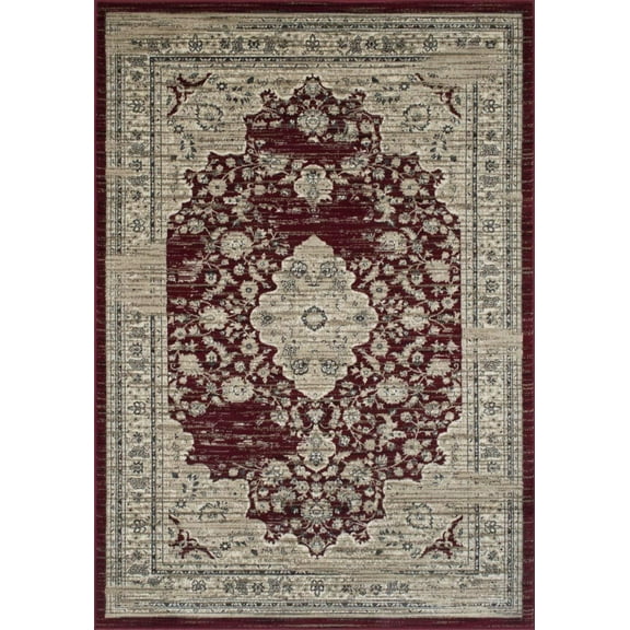 Burgundy Red/Beige Persian Isfahan FloralPattern Distressed Modern Vintage Area Rug