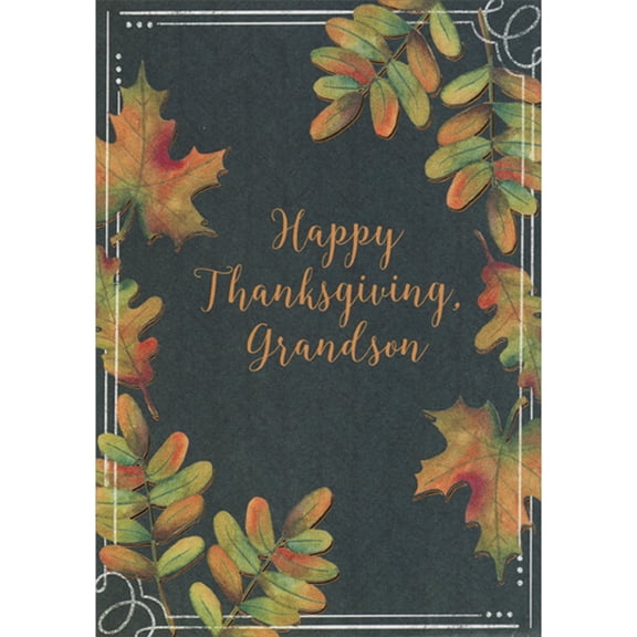 Designer Greetings Autumn Leaves and Thin Chalk Lines Border on Black Background Thanksgiving Card for Grandson