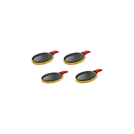 

Lwory Four Pre-seasoned Cast Iron Fajita Pan Sets Includes Wooden Serving Bases Padded Handle Sleeve and Cast Iron Skillet