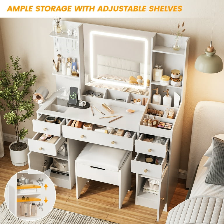 Vanity Table Set With LED Mirror & Chair - Makeup Desk With Wireless Charging, 5 Drawers, USB Port, White Bedroom Furniture-580741