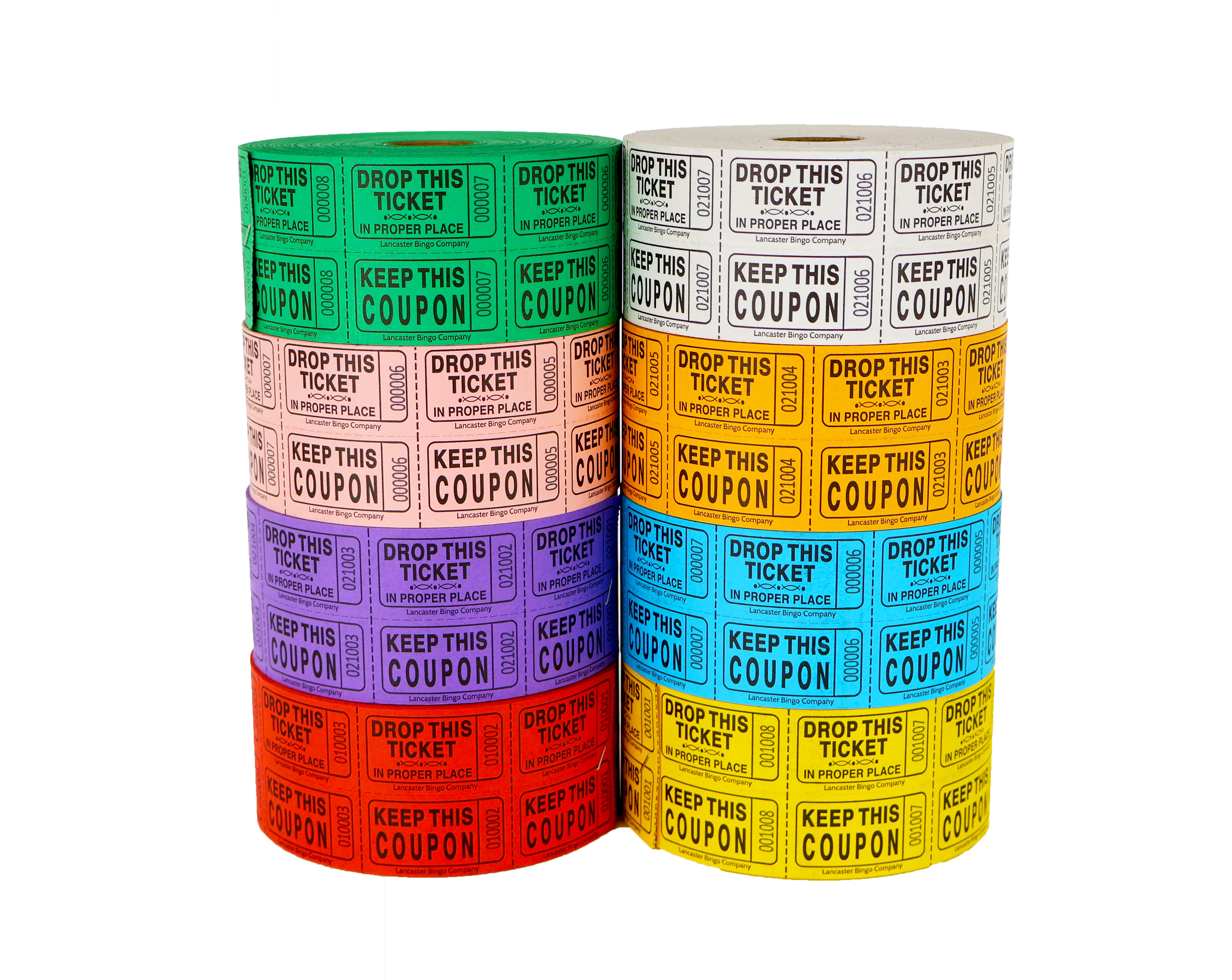 Double Row Roll Ticket 1,000 Consecutively Numbered, Perforated Keep This Coupon Ticket Roll 4 Pack Assorted Colors