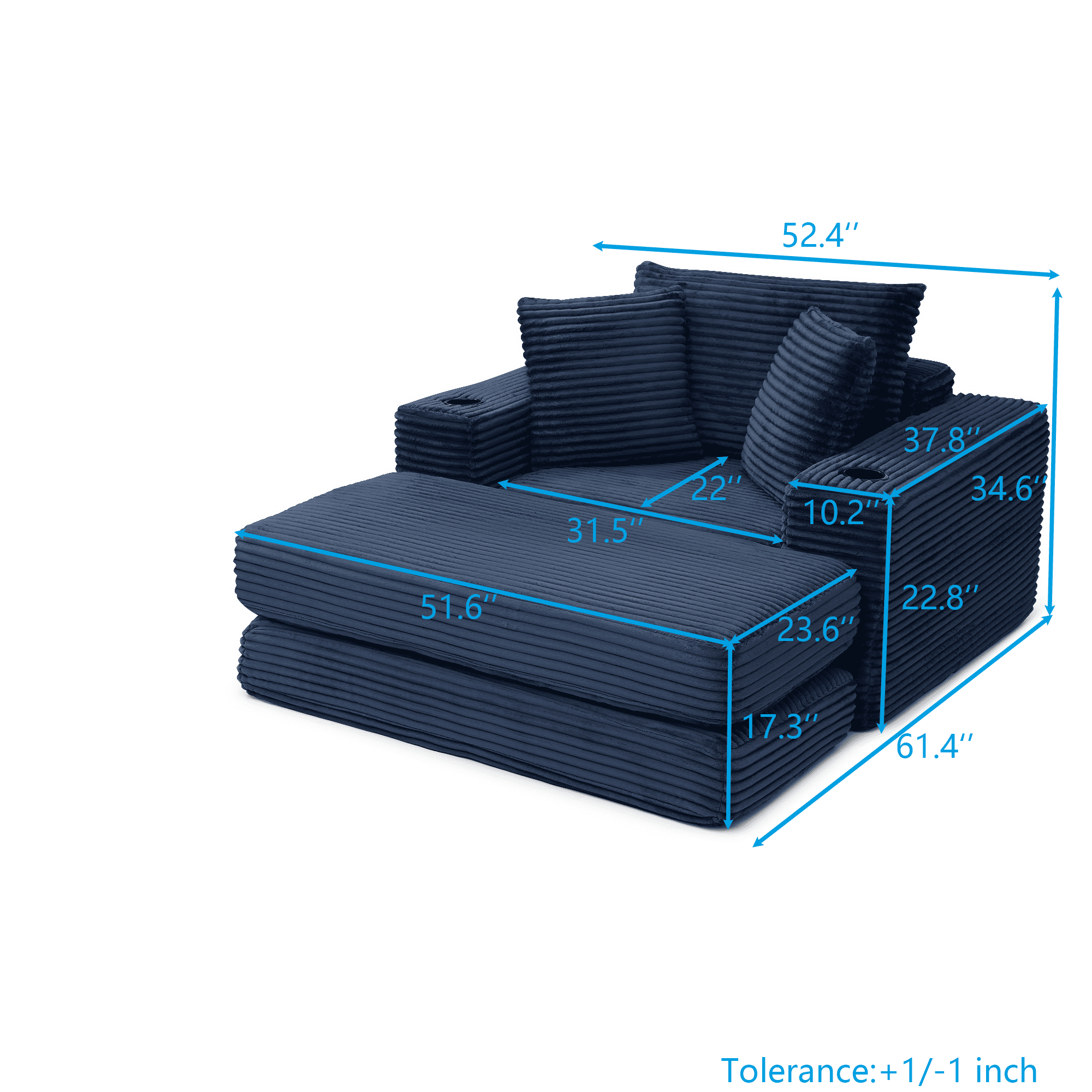 Miniyam 52″ x 61″ No-Spring Boneless Convertible Sofa with Ottoman – 3-Way Sleeper, High-Resiliency Foam, Armrest Cup Holders (Blue)
