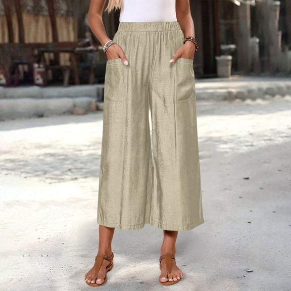 Fnooota Women's Capri Pants, Summer Wide-leg Casual Elastic Waist Capris with Pockets Khaki Size S-2XL