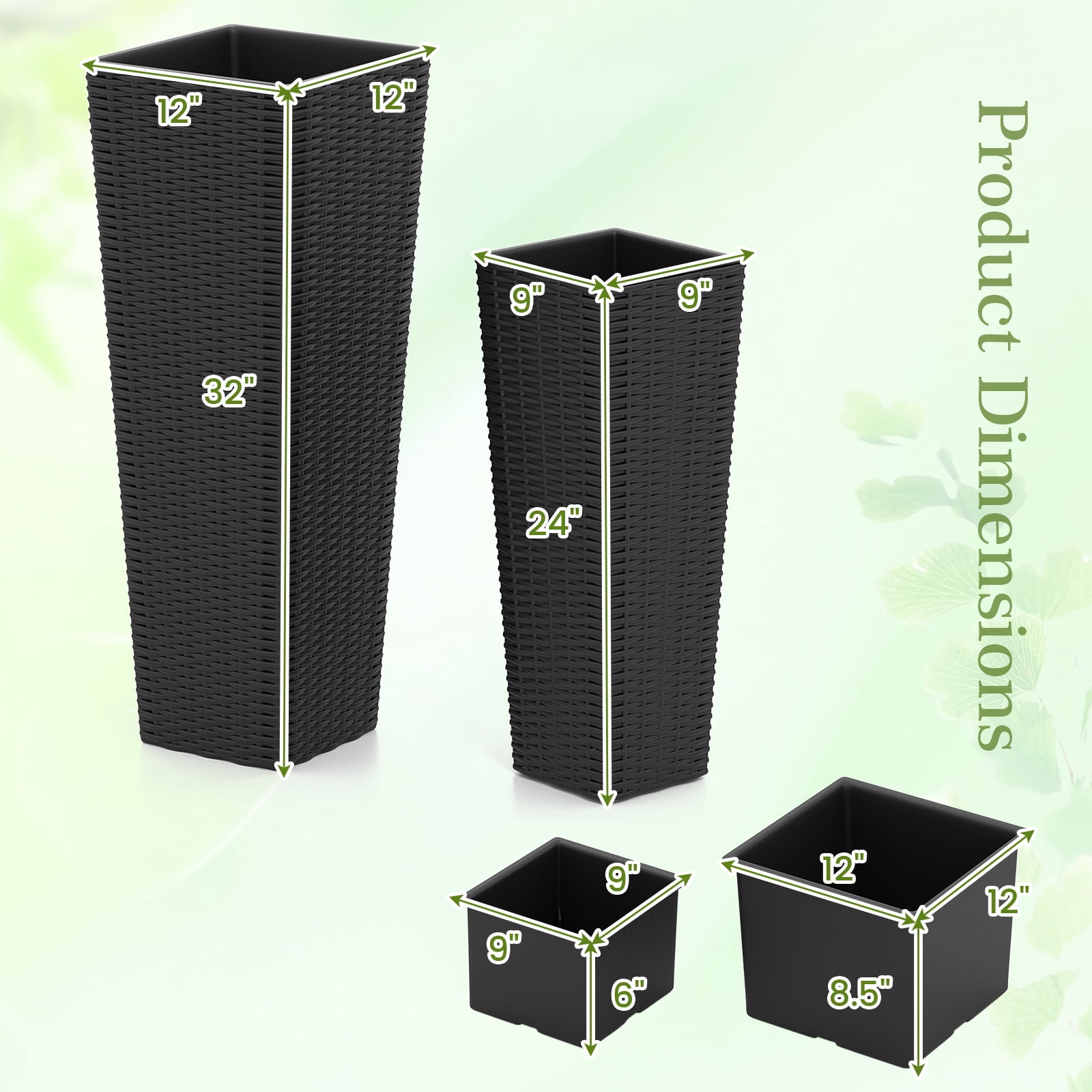 Patiojoy Set of 2 Planters for Outdoor Plants Tall Tapered Plants w/Inner Trays Drainage Holes Black