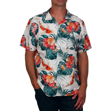 Tropical Print Skirt - SWITCH Microfiber Hawaiian Button Front Shirt with Tropical Flowers and Koi Print