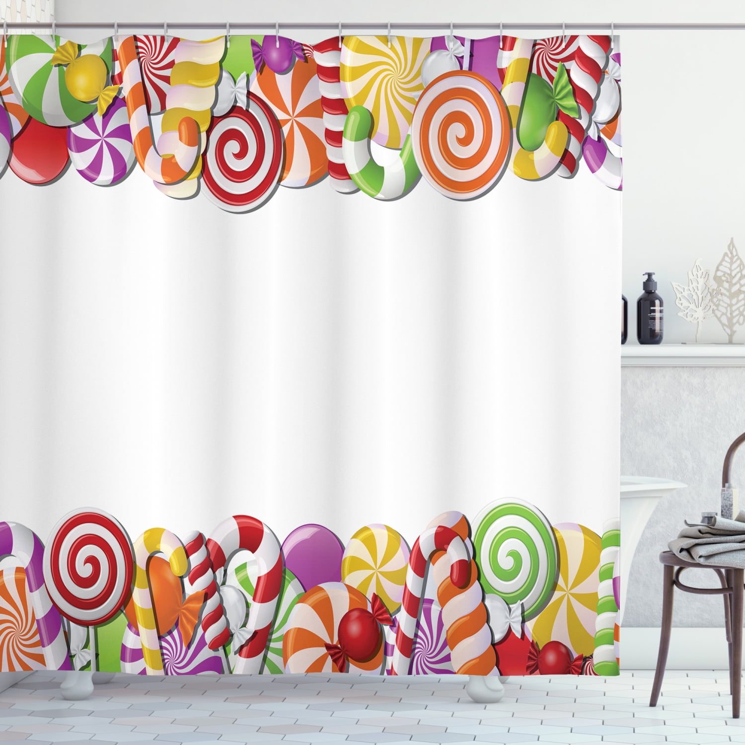 Waterproof Fabric Shower Curtain Liner Cartoon Design Rainbow Cake Candy Cane 