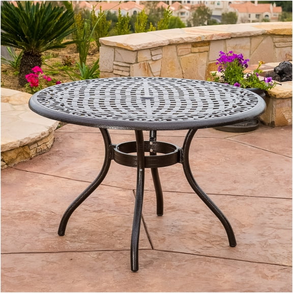 JERFIT 48 Inch Round Outdoor Patio Dining Table with Umbrella Hole, Weather-Resistant Cast Aluminum, Bronze Hammered Finish for Garden, Poolside