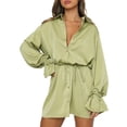 thumbnail image 2 of SAYOO Vestido Suelto de Verano para Mujer, Color Sólido, Manga Larga, Solapa, Manga Acampanada, Falda Atada de un Solo Pecho SAYOO casual, 2 of 9