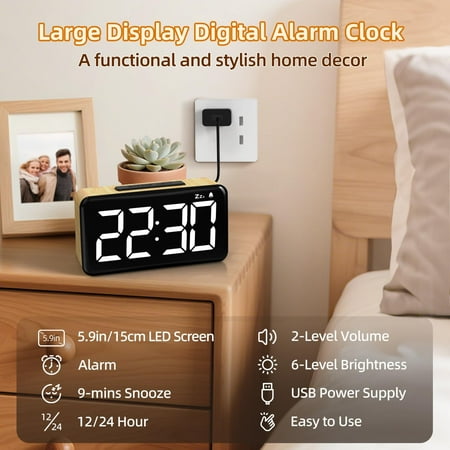 PASEJDO Digital Alarm Clock for Bedroom: 5 . 9 inch Large LED Display, 9 Mins Snooze, 2 Volume photo PASEJDO Digital Alarm Clock for Bedroom: 5 . 9 inch Large LED Display, 9 Mins Snooze, 2 Volume