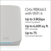 NETGEAR Orbi Whole Home Tri-band WiFi 6 Mesh Network System (RBK663) – Router with 2 Satellite Extenders, Security Features, Coverage up to 6,600 sq. ft., 75 Devices - AX3800 (Up to 3.8Gbps)