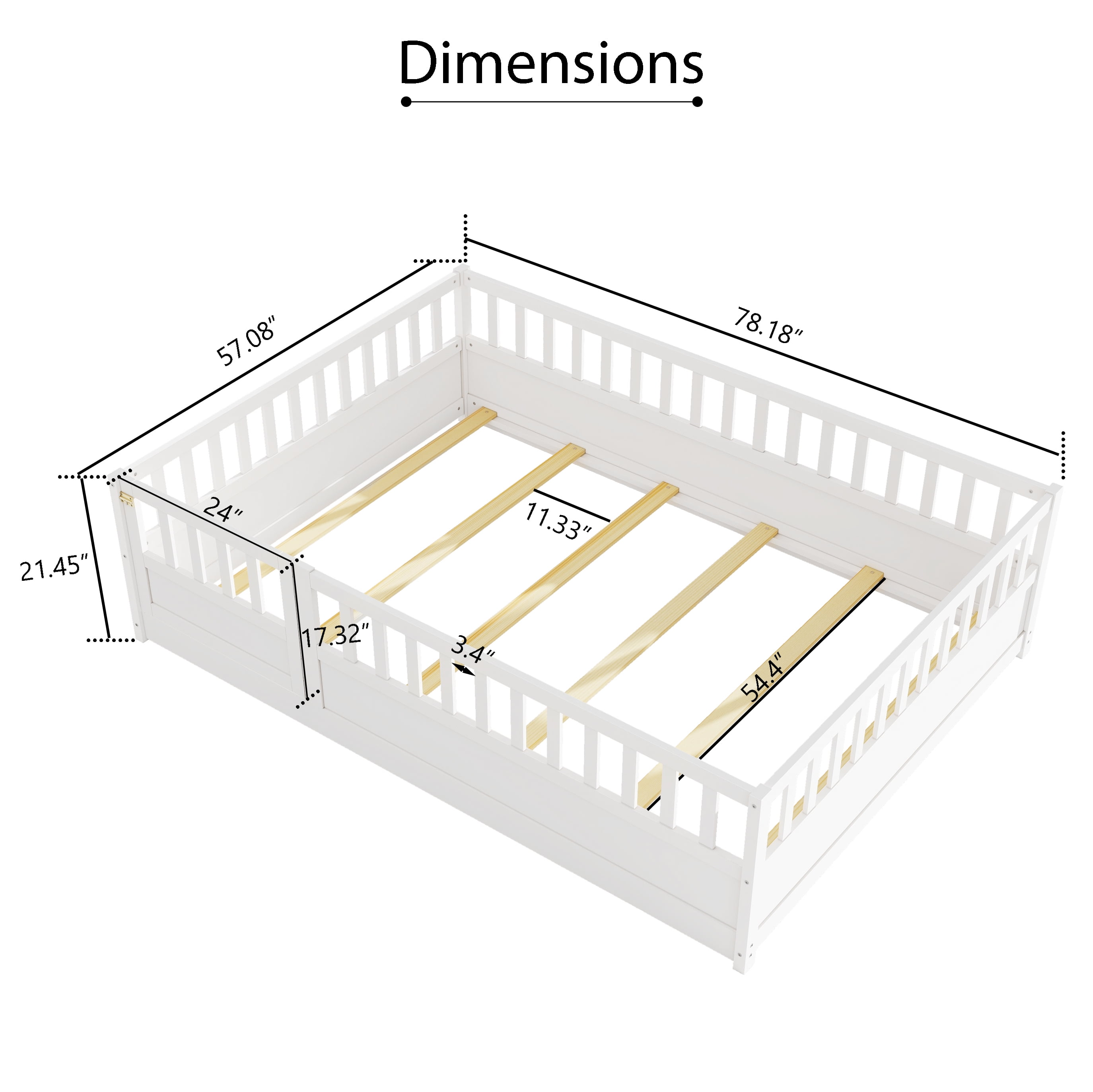 Miniyam Wood Full Size Floor Bed with High Fence, Door, White