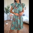 thumbnail image 4 of Vestido Plisado Floral Hasta la Rodilla para Mujer, para Vacaciones, Cuello Redondo, Sin Mangas, Cintura Alta, Ajustado, Verde M, 4 of 9