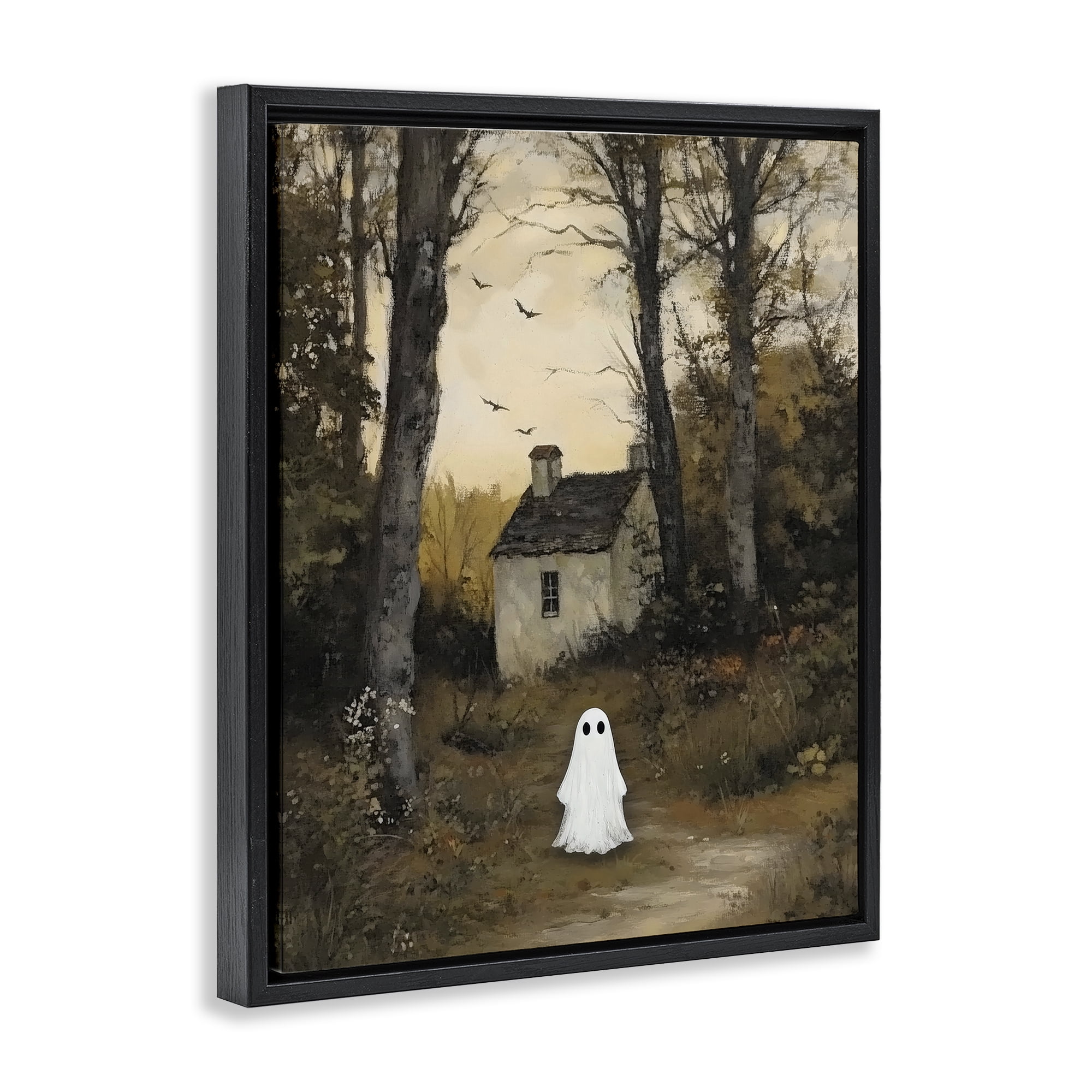 Little Ghost in Cottage Forest Black Framed Floater Canvas Wall Art, design by Arlington Prints