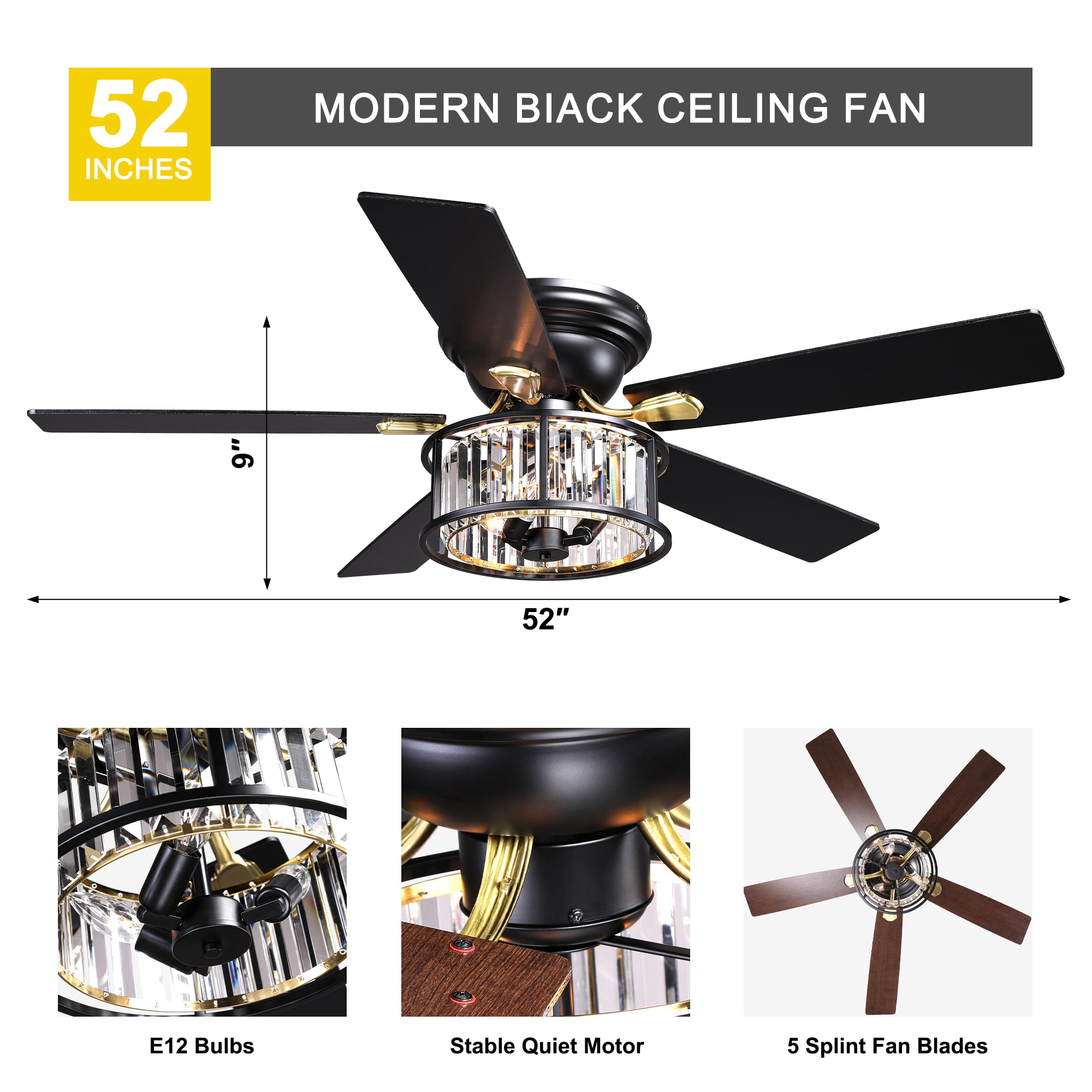 Chords Attic 52" Black Crystal Flush Mount Ceiling Fan with Light and Remote Control, Low Profile Fandelier Ceiling Fan with 6-Speed DC Motor for Living Room, Bedroom