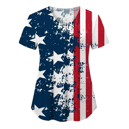 

Women Scrubs Top Independence Day Printed V Neck T Shirt Nurses Clothes With Pocket Spring Summer Daily Nursing Uniforms Nursing Care Working Uniforms