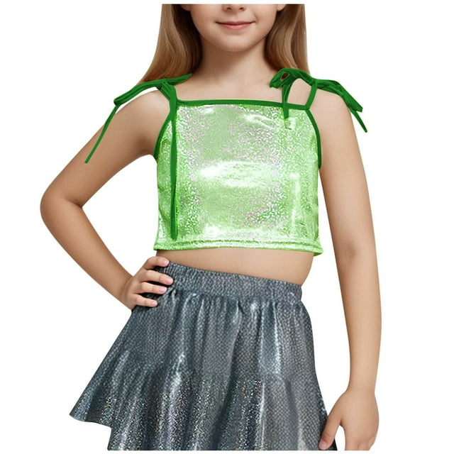 Diufon Girls Sparkly Tops Trendy Bow Tie Strap Glitter Party Crop Tops Performance Dance Vests for Teen