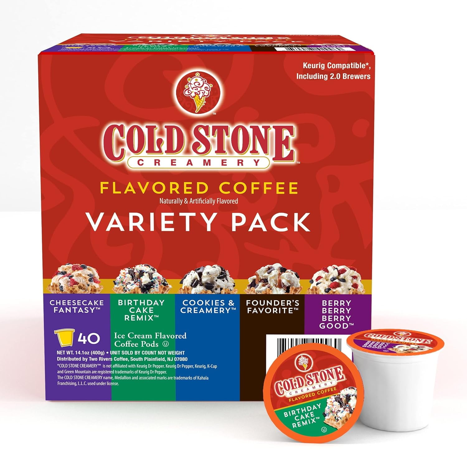 Cold Stone Creamery Assorted Variety Pack Ice Cream Coffee Pods for Single-Serve Coffee Brewers, 40 Ct