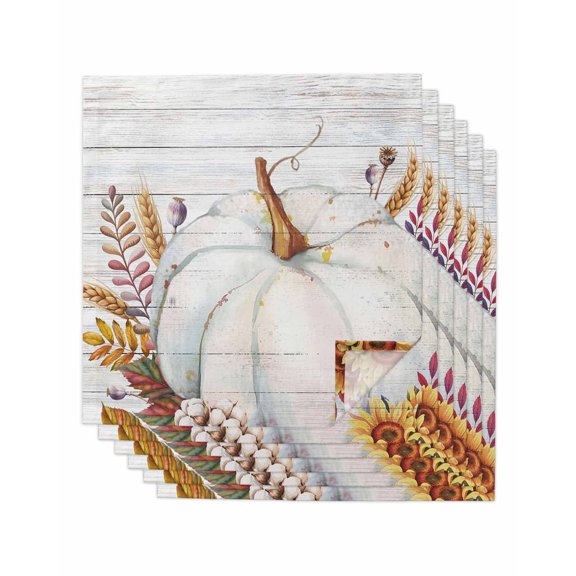 Grey Pumpkins Fall Cloth Napkins Set of 6 Reusable Dinner Napkins, Botanical Thanksgiving Maple Leaf Vintage Cocktail Napkin Washable Table Napkins for Wedding/Holiday Party/Baby Shower 20"x20"