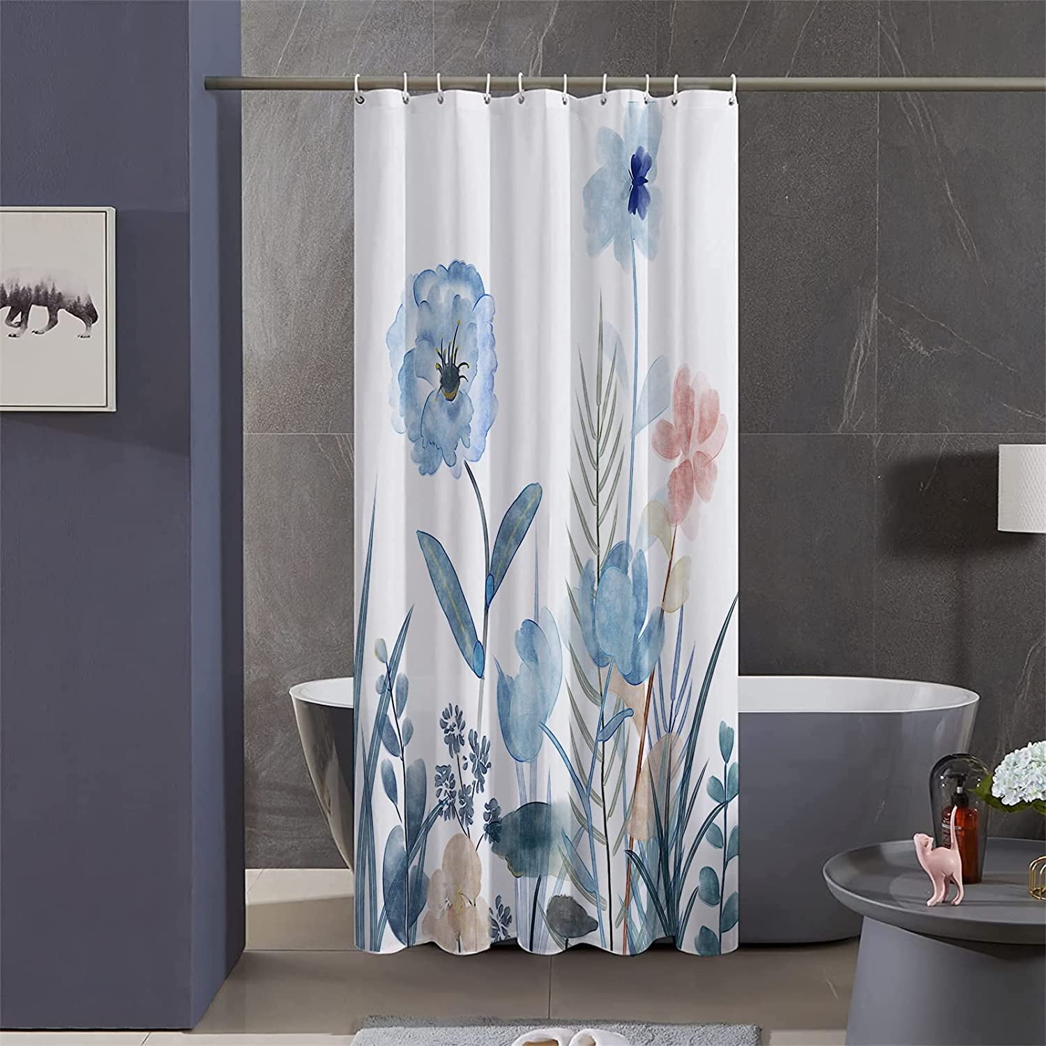 Stall Watercolor Floral Shower Curtain Sets,36Wx72H Inch Narrow RV Teal