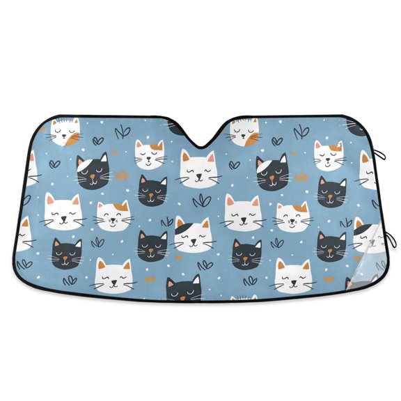 Car Windshield Sun Shade Vector with Cat Faces on A Blue Background Reflective Heat UV Blocker Foldable with Suction Cups Universal Fit for Sedan SUV Truck