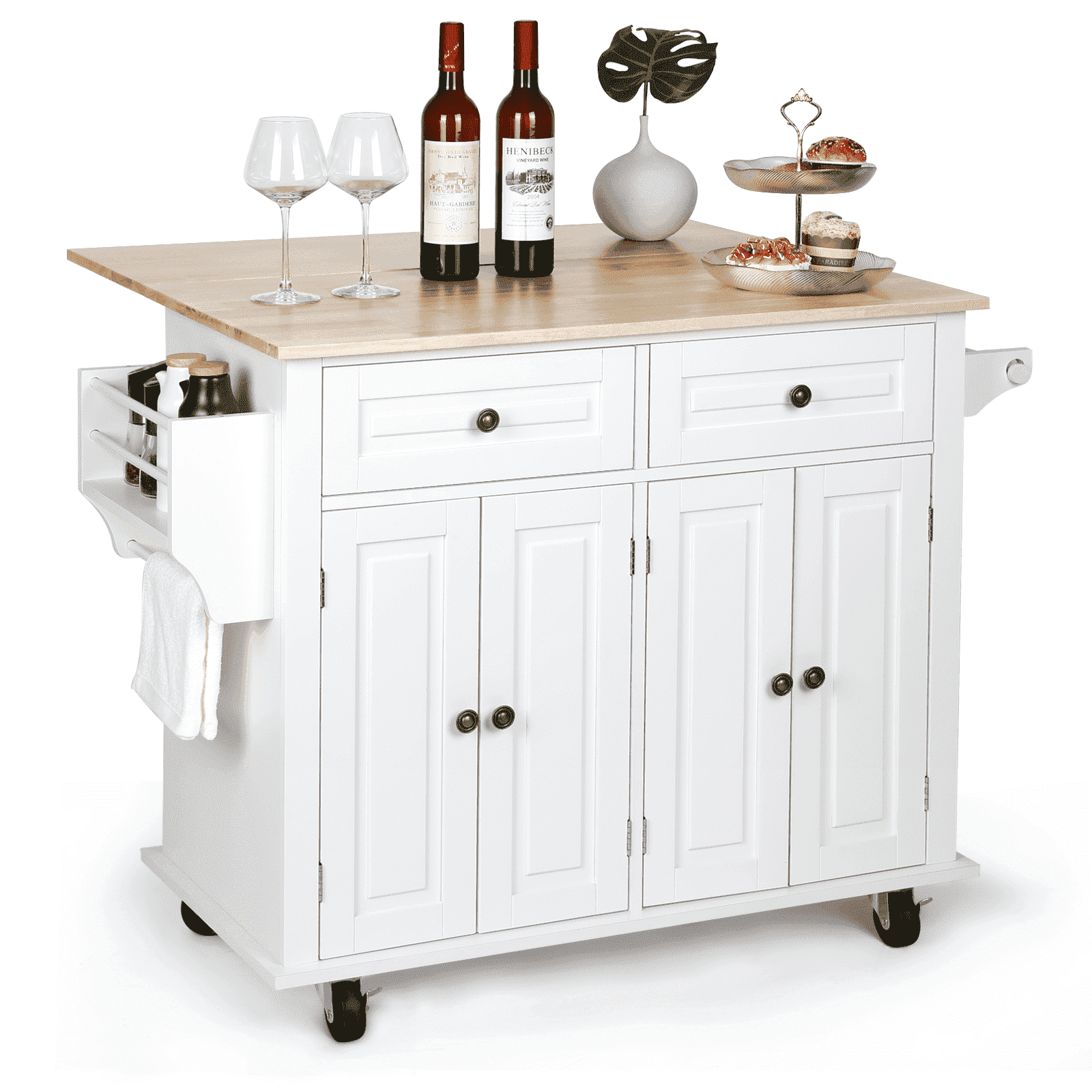 RichYa Kitchen Island with Storage and Drop Leaf, Kitchen Islands Cart on Wheels, Microwave Table with Rubber Wood Top, Drawers and Spice & Towel Rack