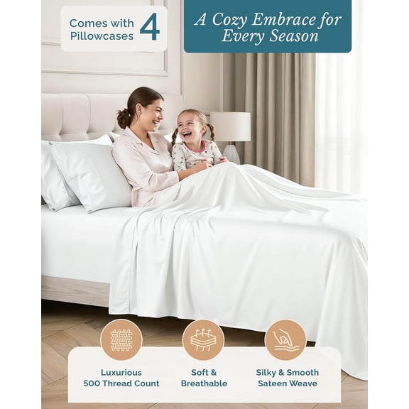 Queen Sheet Set, 6 Piece Cotton Bed Sheet Set with 500 Thread Count Buttery Soft Sateen Finish, Long-Lasting and Lightweight, 15 Inch Deep Pocket Queen Sheets – Pure White