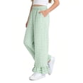 thumbnail image 4 of dazeni Girls Gingham Pants Kids Casual Elastic High Waist Plaid Trousers Soft Ruffle Hem Wide Leg Pants with Pockets Green 9-10 Years, 4 of 7