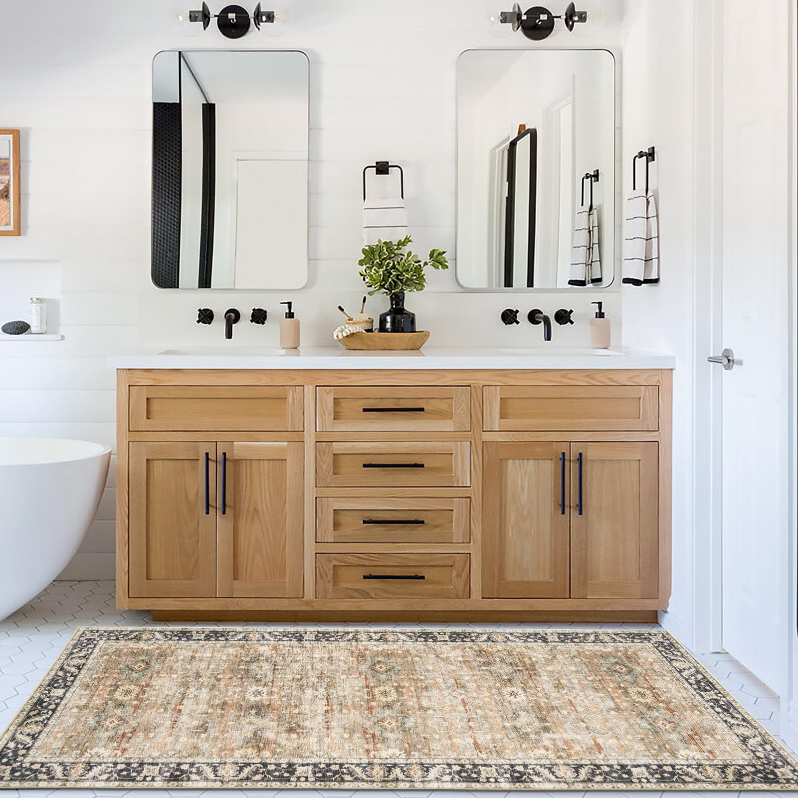 ReaLife Machine Washable Area Rug Runner - Living Room Bedroom Bathroom Kitchen Entryway Office - Padded Low Pile Stain Resistant Premium - Boho Farmhouse Vintage - Bev - Beige Tan Brown 2'6" x 10'