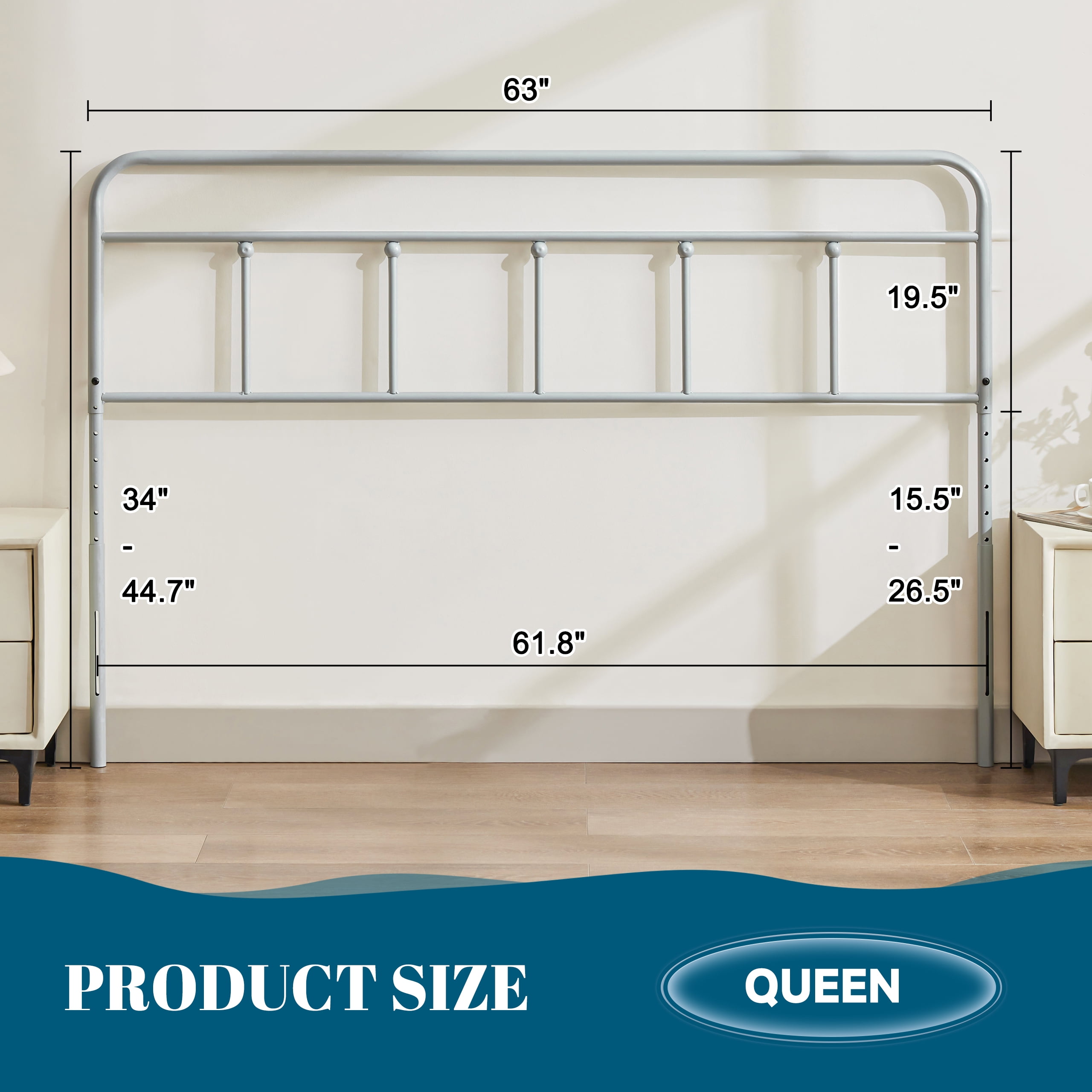 Huatean Queen Size Metal Headboard, Iron Head Board Adjustable Height from 34" to 44", Gray