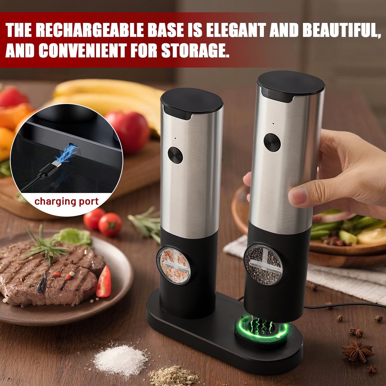 Electric Salt and Pepper Grinder Set, Sgokeen Automatic Electronic Spice Mill Shakers with USB Rechargeable, LED Light, Adjustable Coarseness, One Hand Operated, Stainless Steel