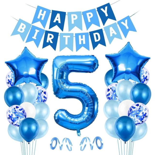 Banderines de feliz cumpleaños, globos de fiesta azules, confeti, globos de látex, decoraciones de cumpleaños