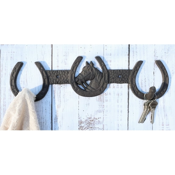 Rustic Western Horse Head With 3 Horseshoes Lucky Charm Double Wall Coat Hook