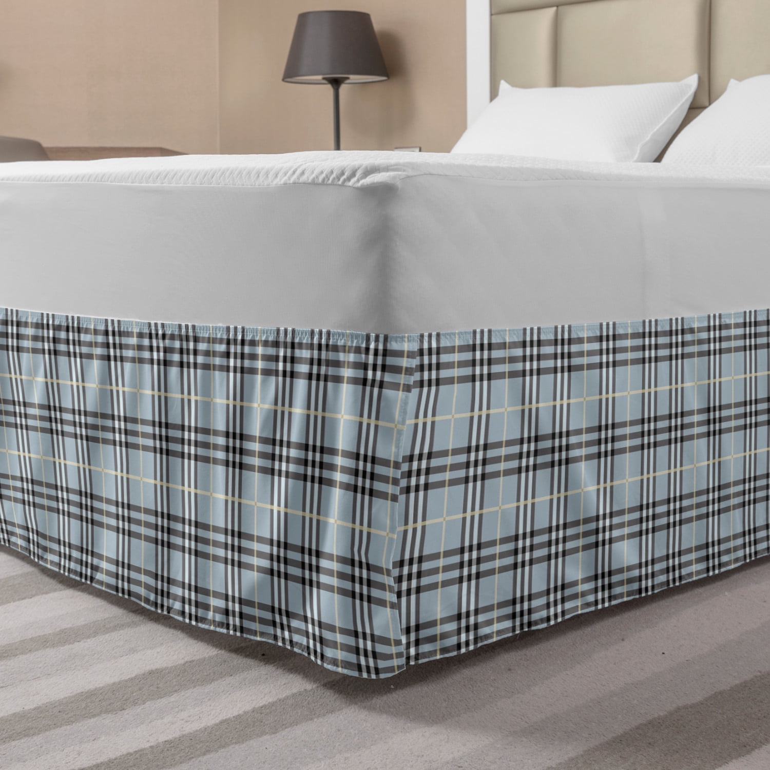 Abstract Bed Skirt, Modern Checkered Motif in Soft with Geometric Effects Symmetry Fashion Image