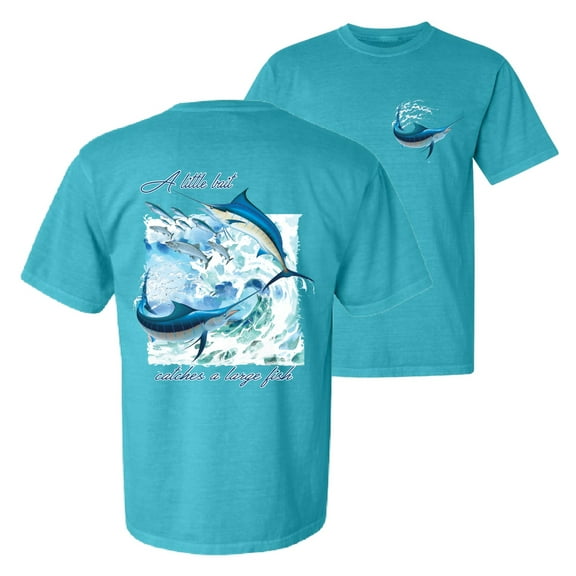 Wild Bobby, A Little Bait Catches a Large Fish Swordfish, Fishing, Front and Back Garment-Dyed Short Sleeve Tees, Blue Lagoon, Small