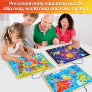 SYNARRY Large USA World Solar System Wooden Magnetic Puzzles for Kids Ages 3-8, Wood Puzzles Educational Games Toys Gifts for Toddlers, United States World Planet Space Map for Boys Girls