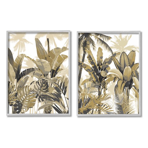 Tropical Jungle Plants Vegetation Botanical & Floral Graphic Art Gray Framed Art Print Wall Art, Set of 2