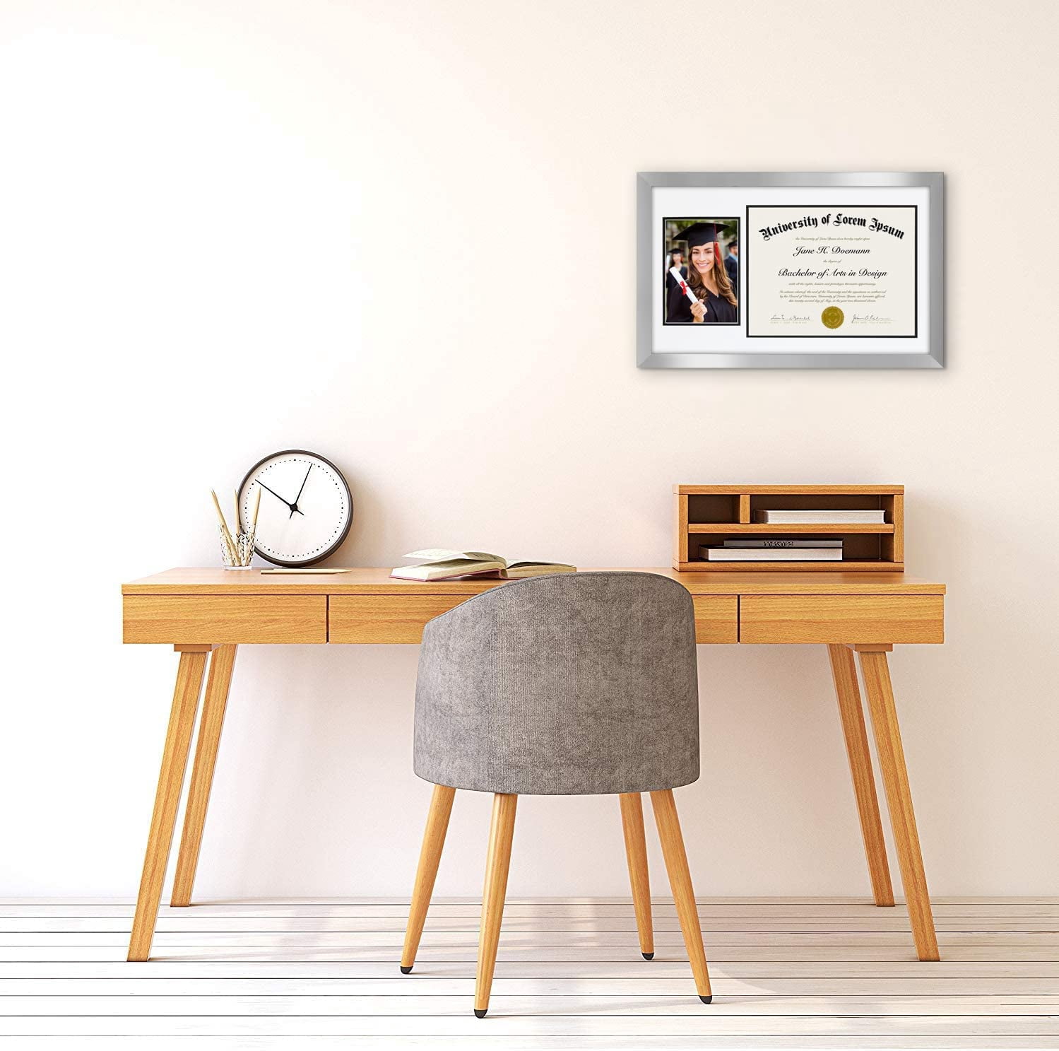Americanflat 11x18 Graduation Frame in Silver Colored Wood with Two Opening Mat Displays - 5x7 Photo Frame and 8.5x11 Diploma Frame - Composite Wood and Polished Glass - Includes Hanging Hardware