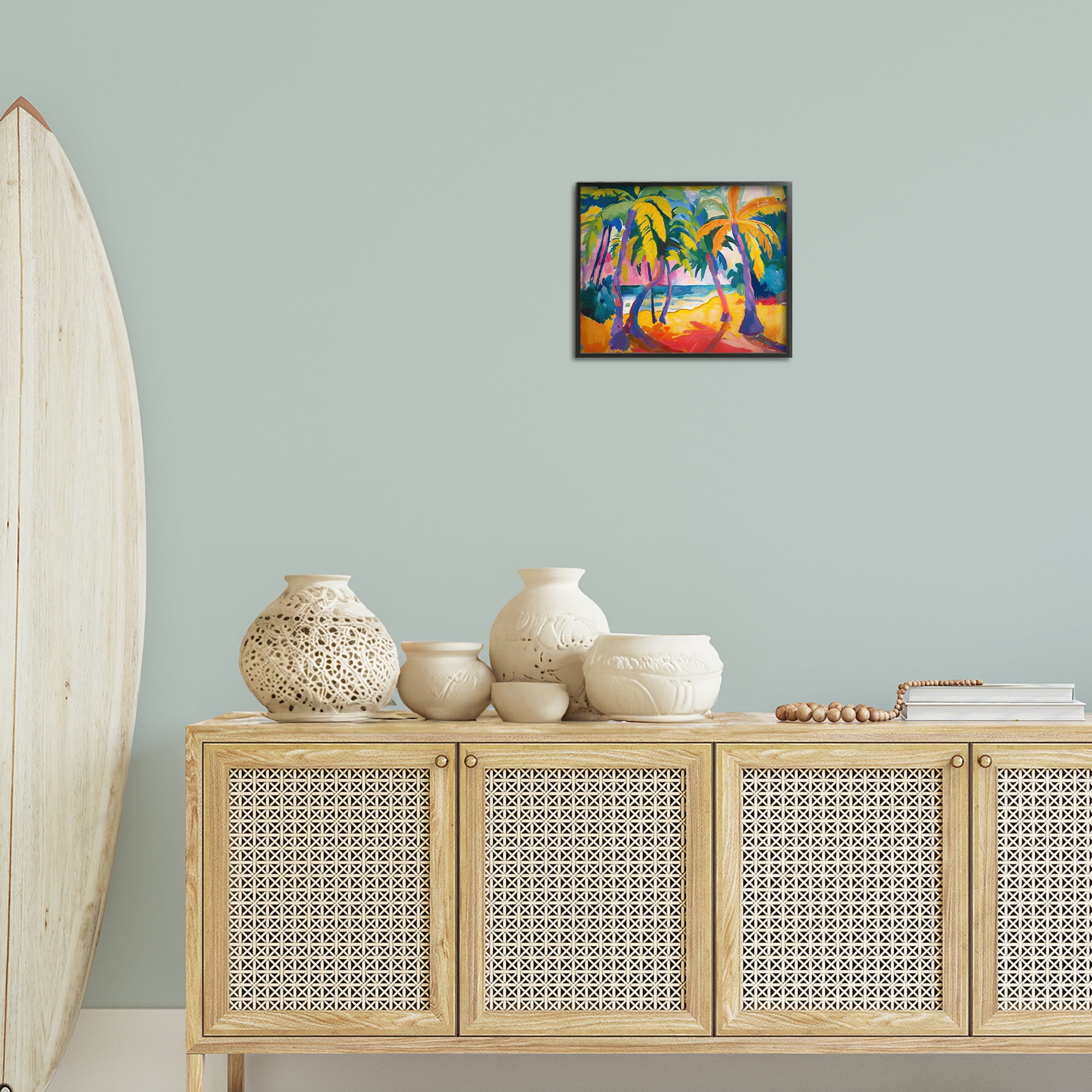 Stupell Industries Tropical Palm Paradise Coastal Painting Black Framed Art Print Wall Art, 14 x 11