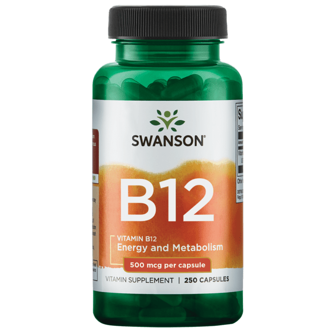 Swanson Vitamin B12 (Cyanocobalamin) - Vitamin Supplement Promoting Energy Metabolism, Nervous System Health & Heart Support - Supports Red Blood Cell Formation - (250 Capsules, 500mcg Each)