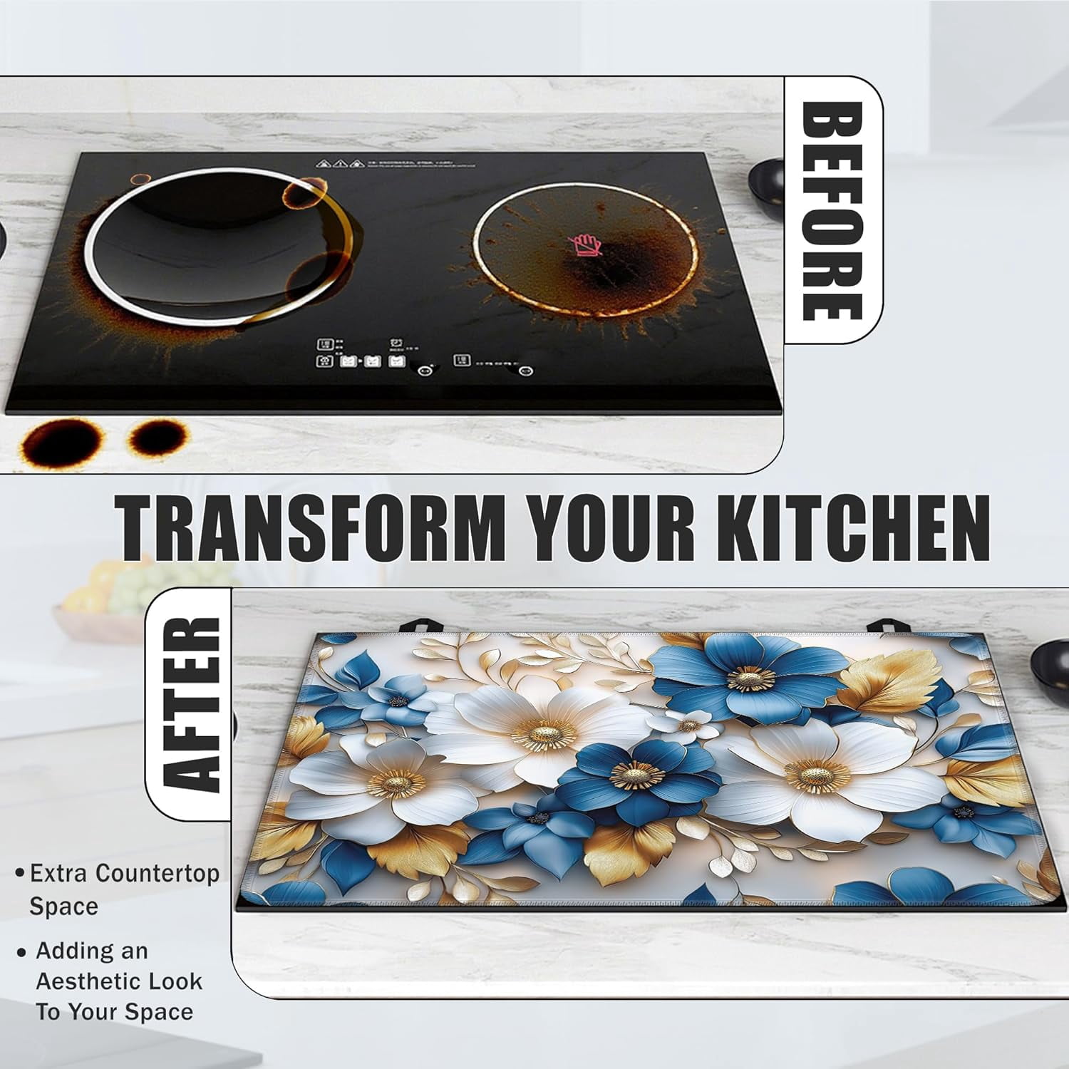 Groovy Flower Glass Top Stove Cover Protector,Modern Blue White Gold Flower Heat Resistant Stove Top Cover, Large Size Range Covers for Electric Stove Countertop Mat, 28 x 20 Inch